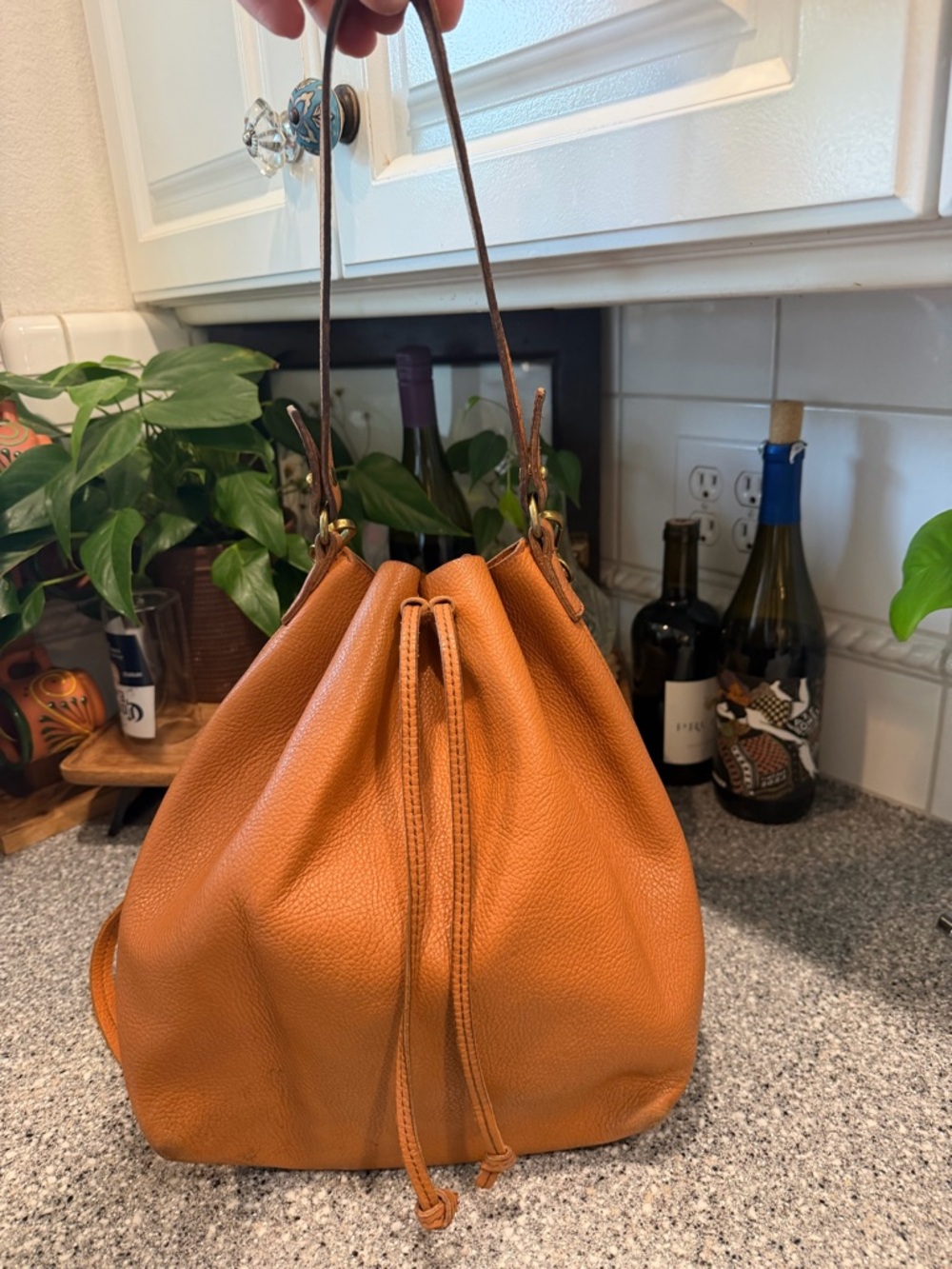 Mark and Graham Leather Drawstring Bucket Bag in Cognac Brown